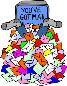 A cartoon with feet poking out of a pile of letters with a monitor that says 'You've got mail'